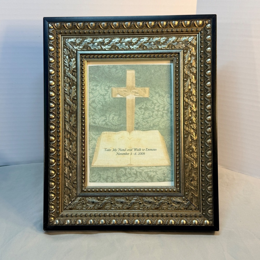 Walk to Emmaus Religious Framed Art Cross and Open Book Gold Ornate Frame 2005